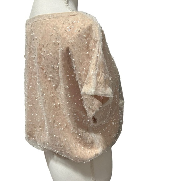 Main Strip Sequin & Pearl Blouse Top Off White/Champagne Short Sleeve Small NWT - Picture 2 of 15